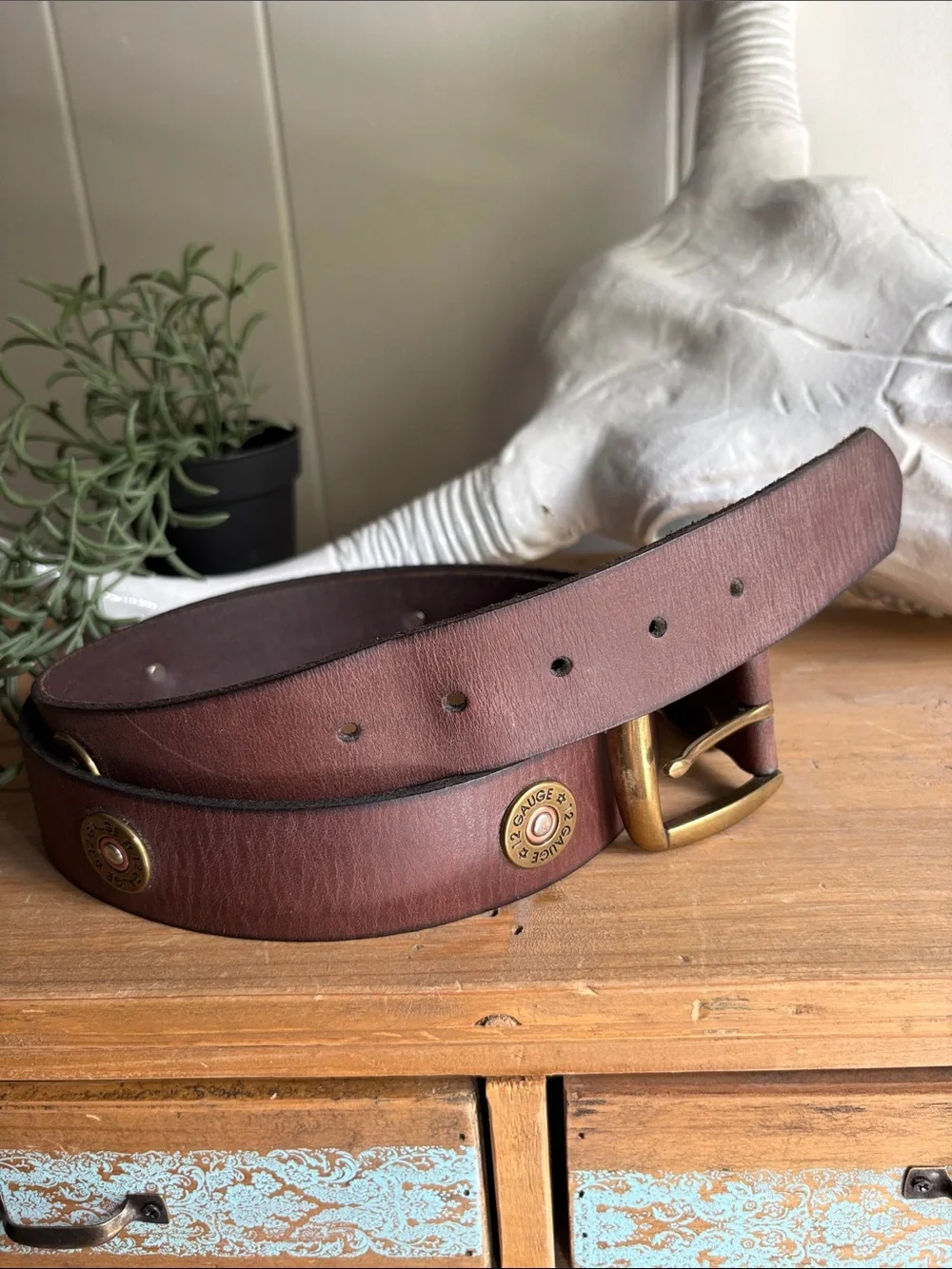 Nocona Brown Leather Belt with Brass Bullet-Trim Buckle